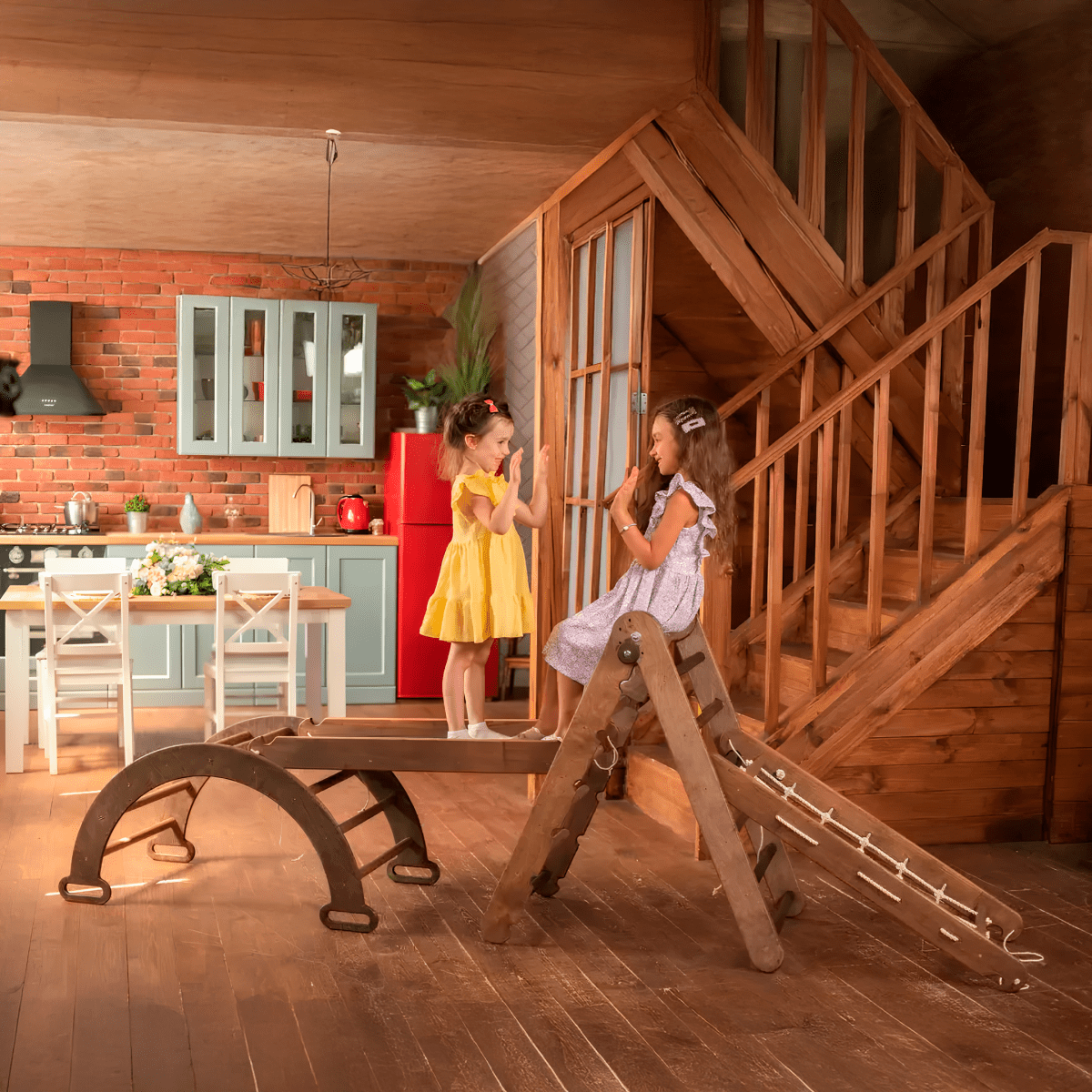 4-in-1 Montessori Climbing Frame Set – Triangle, Arch, Slide & Rope Net