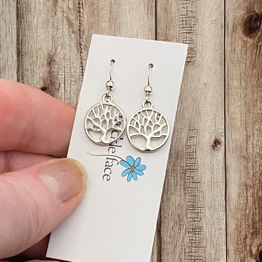 Tree Silhouette Dangle Earrings – Matte & Polished Silver Options