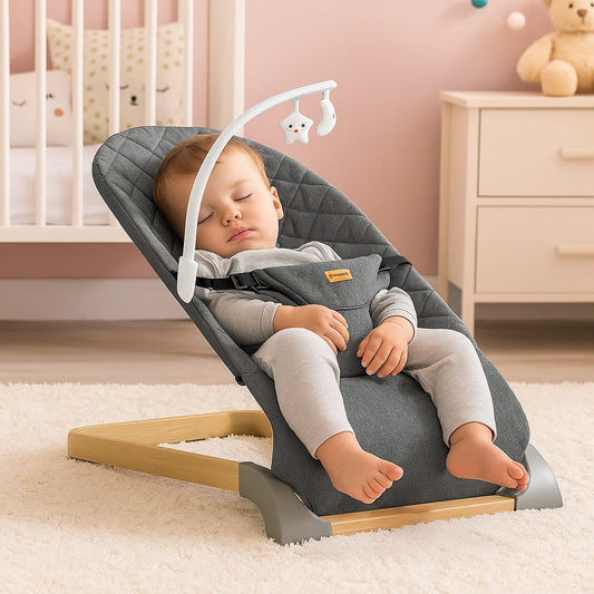 Ergonomic Quilted  Baby Bouncer & Rocker with Removable Toy Bar, Adjustable Safety Harness , Baby Bouncinette (Grey)