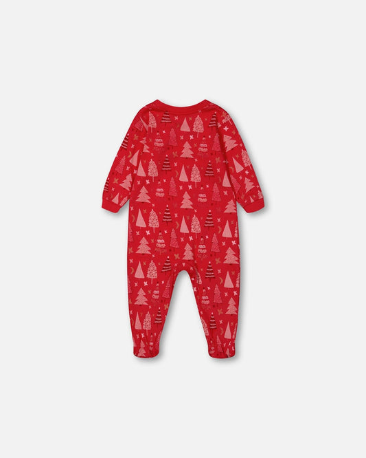 Organic Cotton One Piece Pajama Red Printed Christmas Tree