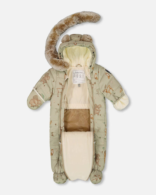 One-Piece Baby Layette Snowsuit Designed For Car Seat Green Animal Print