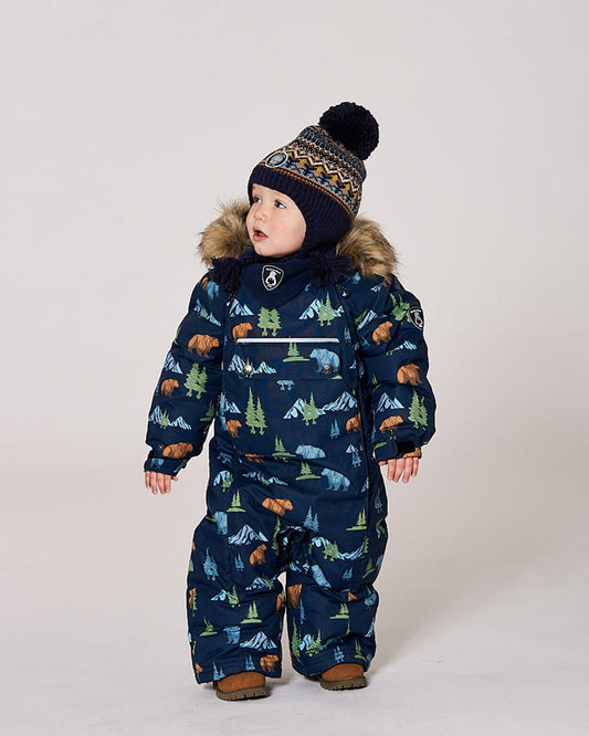 One-Piece Baby Play Snowsuit Designed For Car Seat Navy Animal Print
