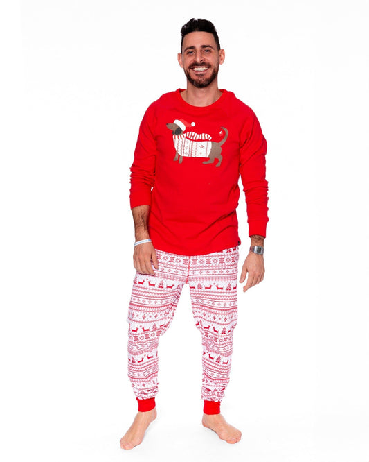 Adult Men Organic Cotton Two-Piece Pajama Set Red And White Fairisle
