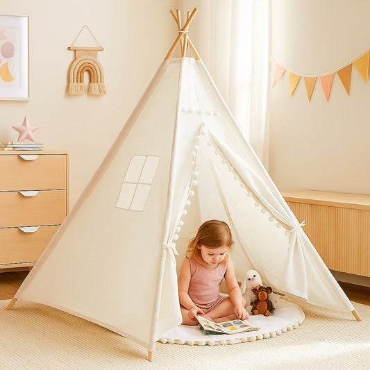 Large Foldable Kids Canvas Teepee Play Tent With Lights ( White )