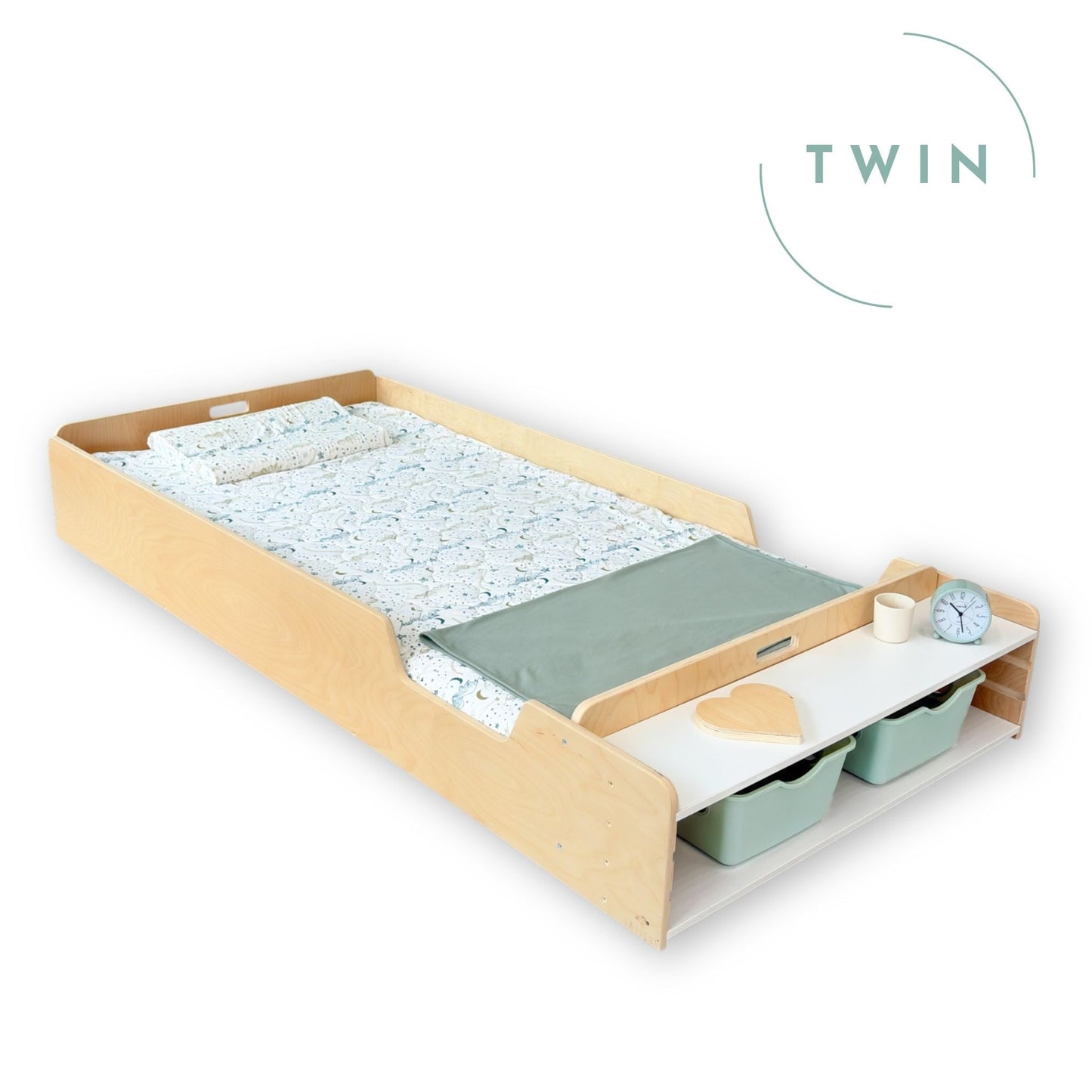 APPLE TWIN - Montessori Floor Bed with Rails & Shelves