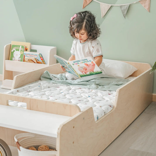 APPLE CRIB - Montessori Floor Bed with Rails & Shelves