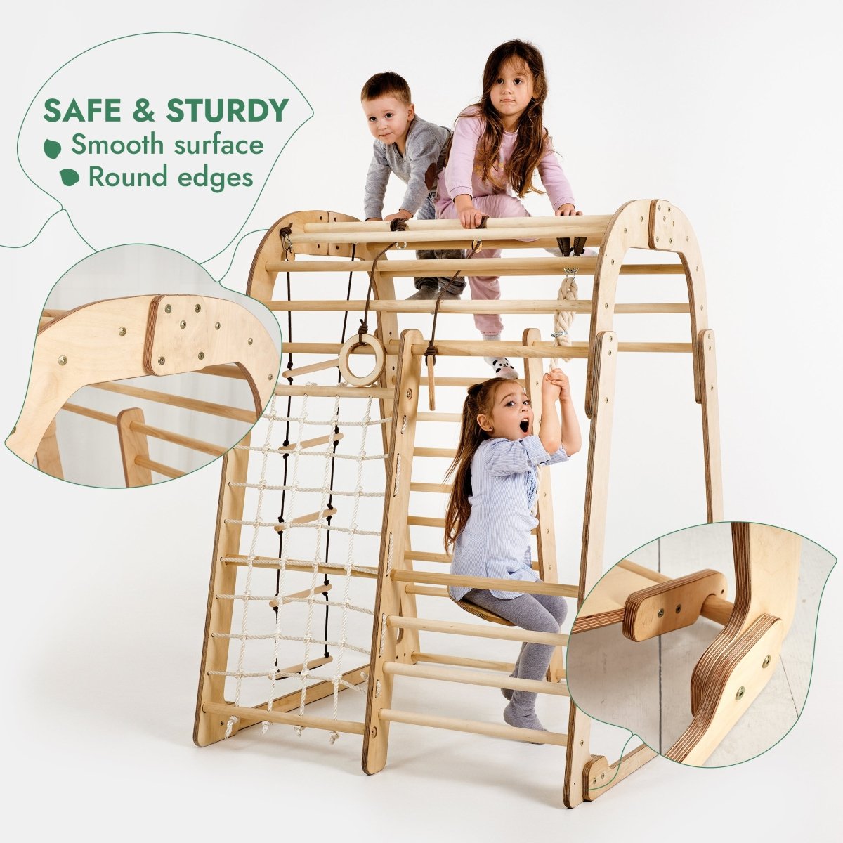 Indoor Wooden Playground 6-in-1 Climbing Set with Swings & Slide – Montessori-Inspired Play Gym
