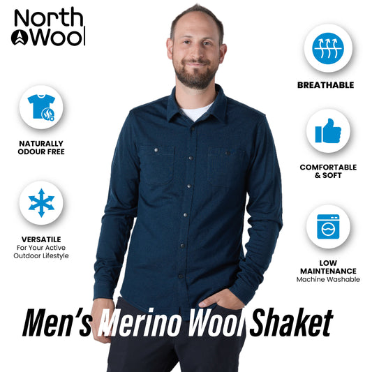 NorthWool Men’s Merino Wool Shaket – Midweight Button-Down Shirt Jacket - Navy