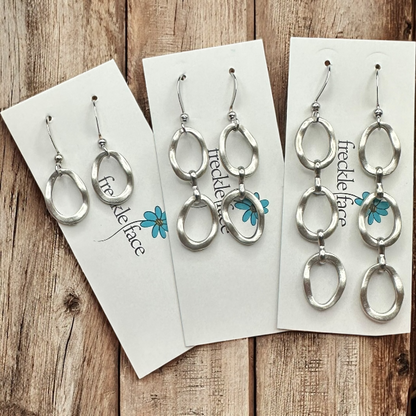 Wavy Hoop Drop Earrings – Matte Silver Asymmetrical Hoops, Hypoallergenic