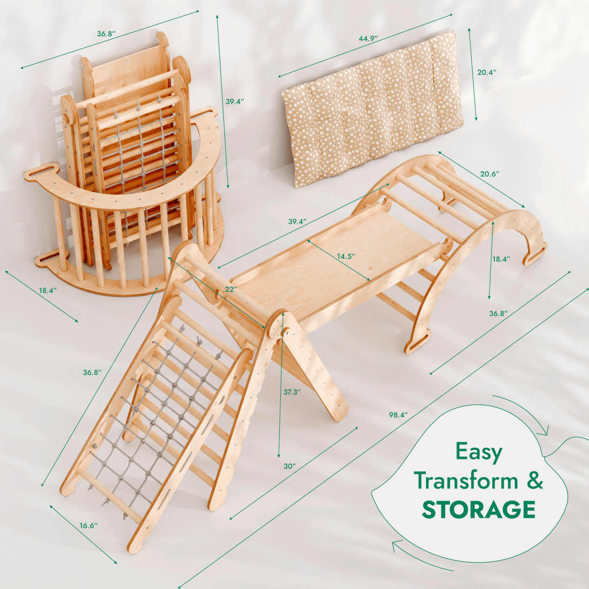 5in1 Montessori Climbing Frame Set: Triangle Ladder + Arch/Rocker + Slide Board/Ramp + Netting rope + Cushion
