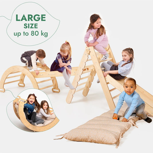 5-in-1 Montessori Climbing Frame Set with Cushion – Triangle, Arch, Ramp, Net & Mat