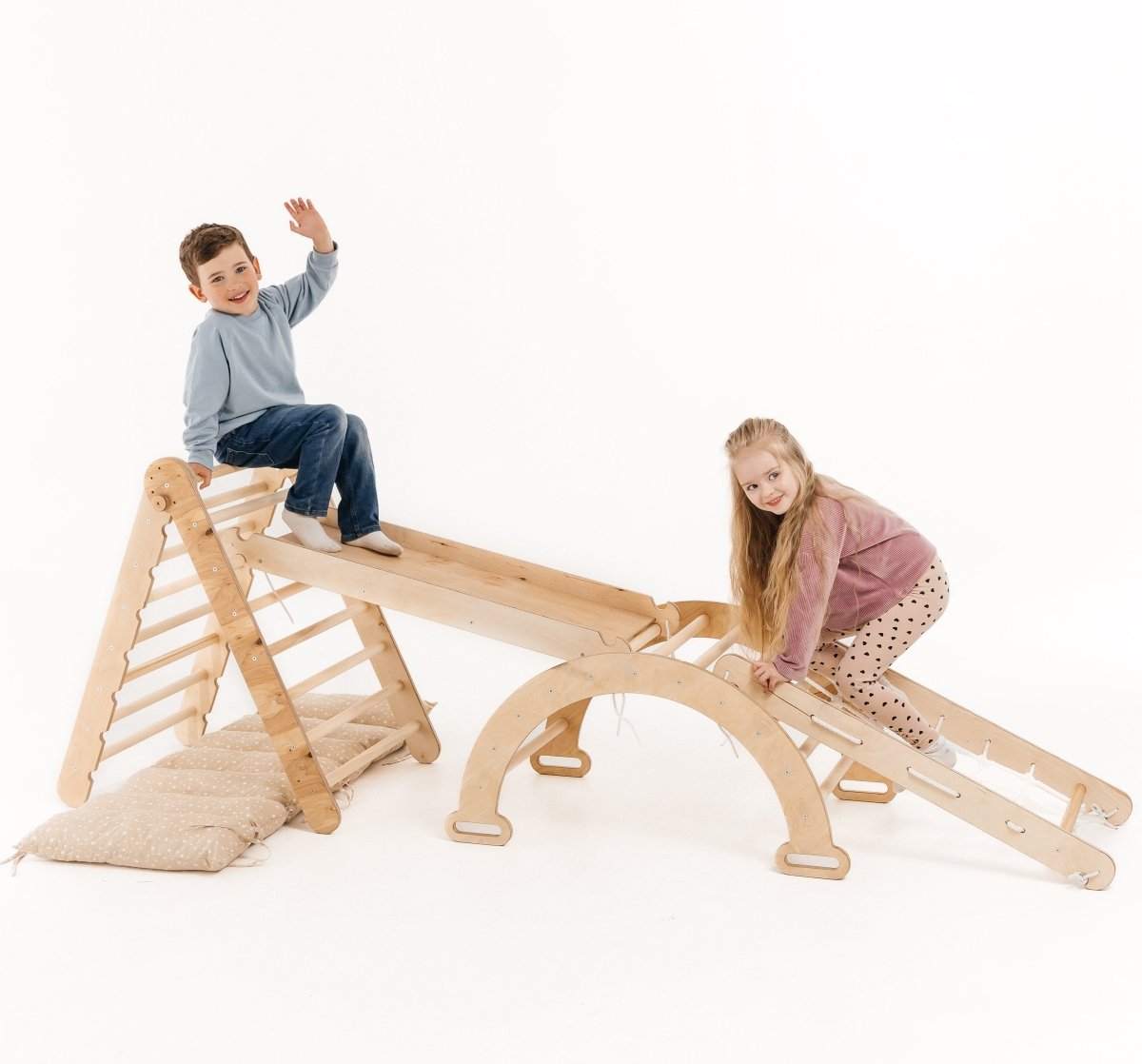 5in1 Montessori Climbing Frame Set: Triangle Ladder + Arch/Rocker + Slide Board/Ramp + Netting rope + Cushion
