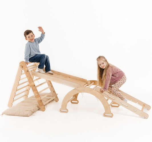 5in1 Montessori Climbing Frame Set: Triangle Ladder + Arch/Rocker + Slide Board/Ramp + Netting rope + Cushion