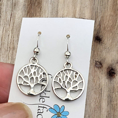 Tree Silhouette Dangle Earrings – Matte & Polished Silver Options
