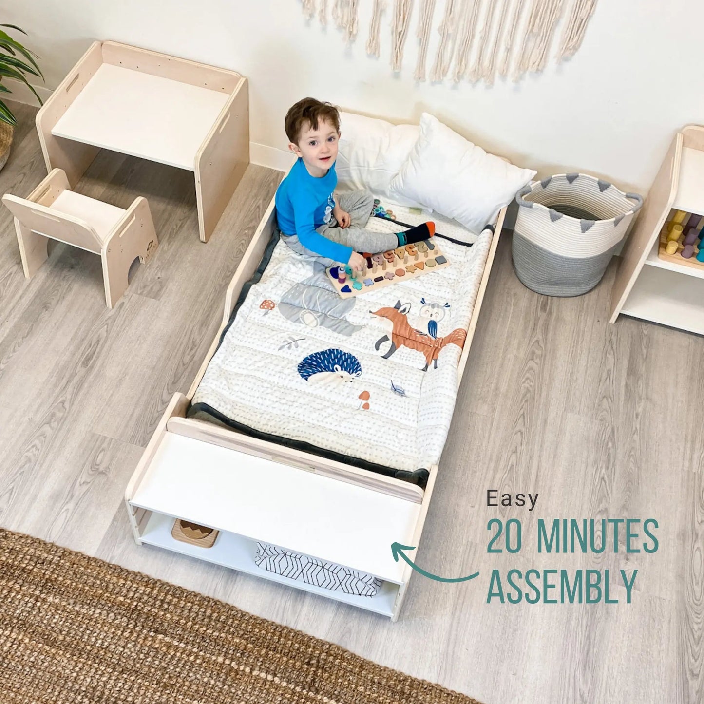 APPLE JUNIOR - Montessori Floor Bed with Rails & Shelves