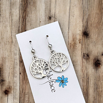 Tree Silhouette Dangle Earrings – Matte & Polished Silver Options