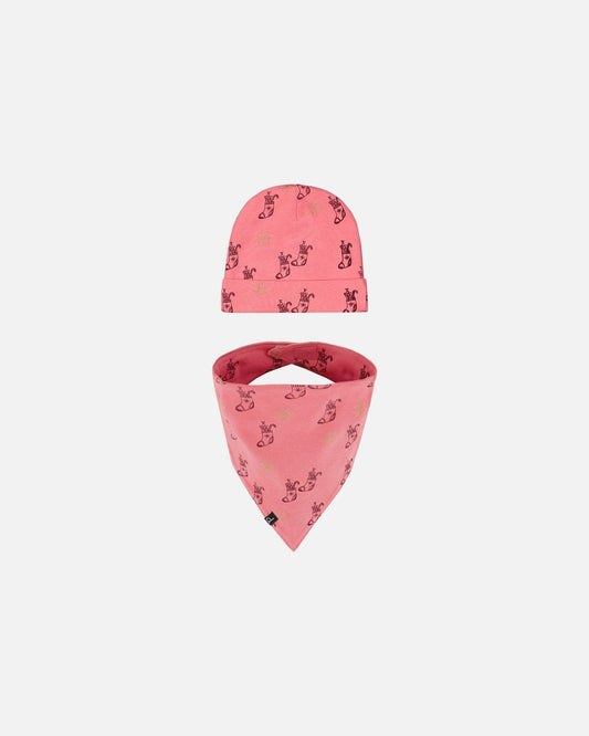 Organic Cotton Printed Christmas Stocking Hat And Bib Set Pink