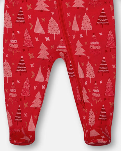 Organic Cotton One Piece Pajama Red Printed Christmas Tree