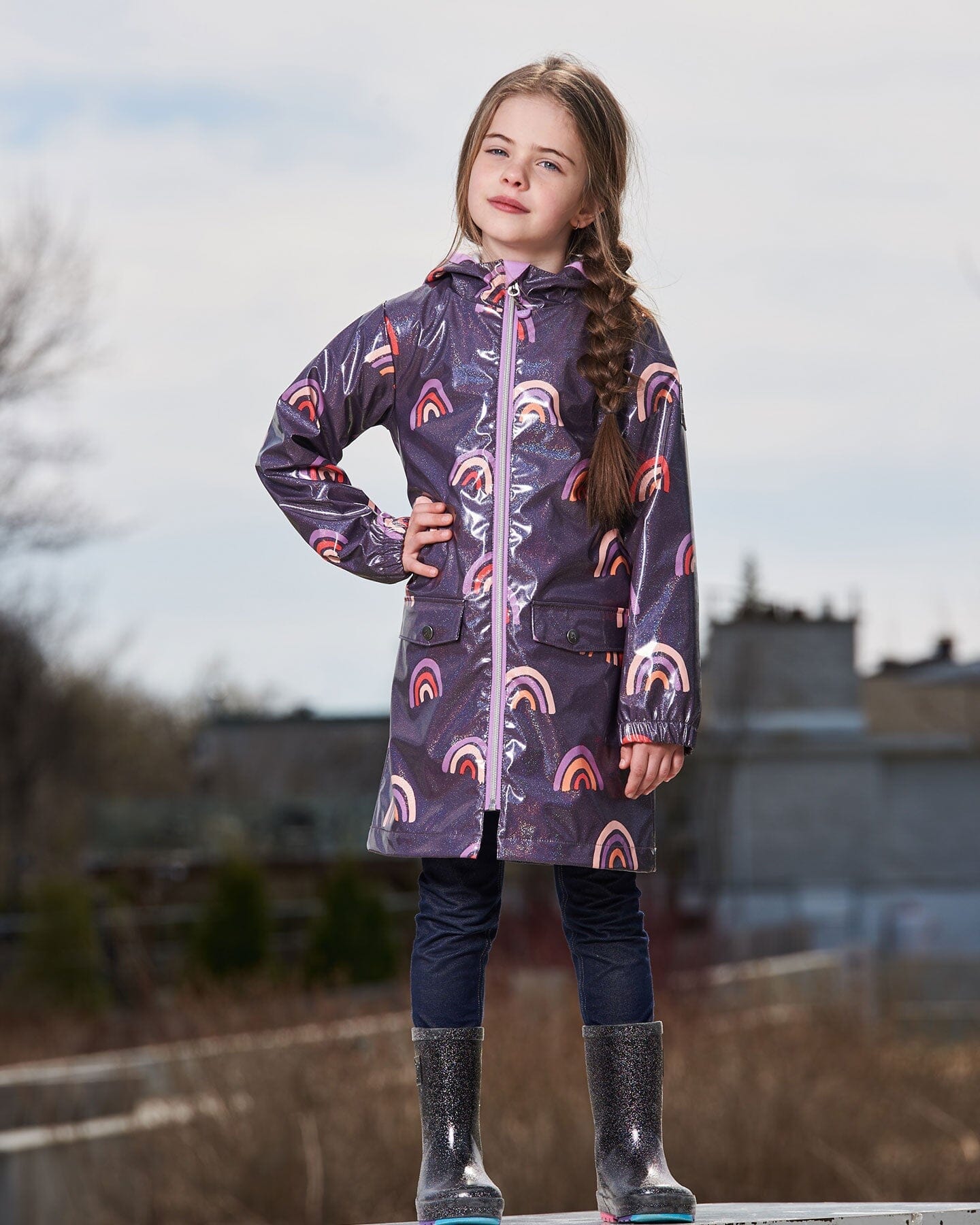 Printed Rain Coat With Hat Rainbow On Shiny Background