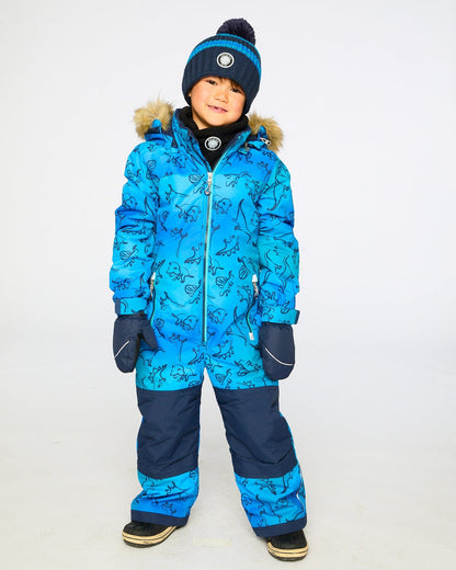 One-Piece Discover Snowsuit Blue Gradient Dinosaur Print