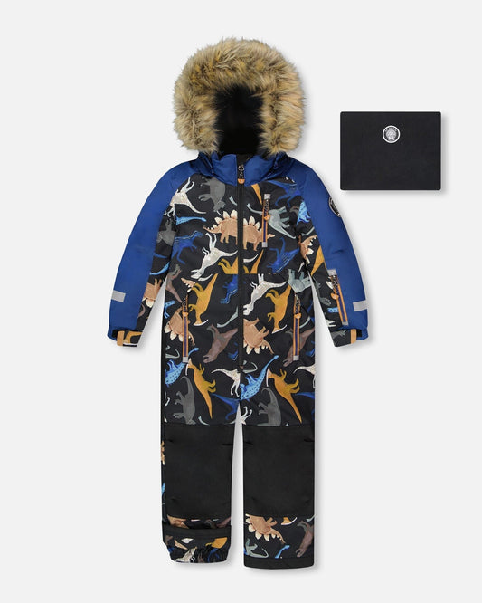 One-Piece Play Snowsuit Black Dinosaur Print