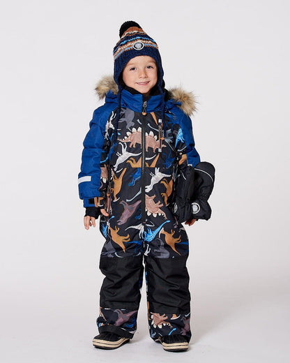 One-Piece Play Snowsuit Black Dinosaur Print