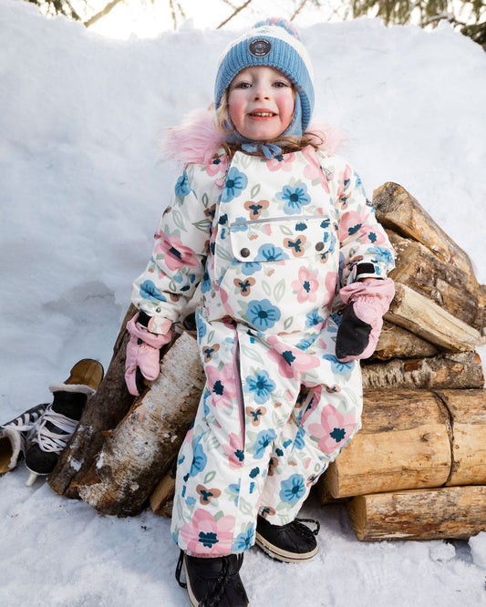 One-Piece Baby Play Snowsuit Designed For Car Seat Off-White Flower Print