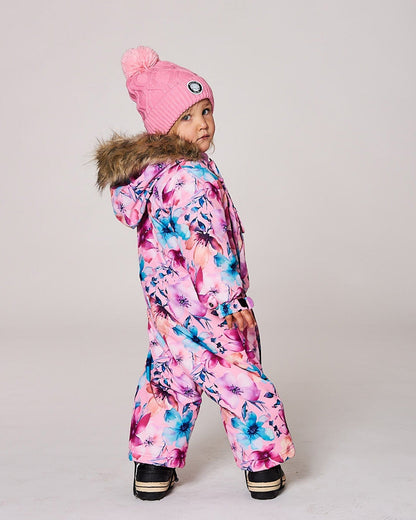 One-Piece Baby Play Snowsuit Designed For Car Seat Pink Watercolor Flower Print
