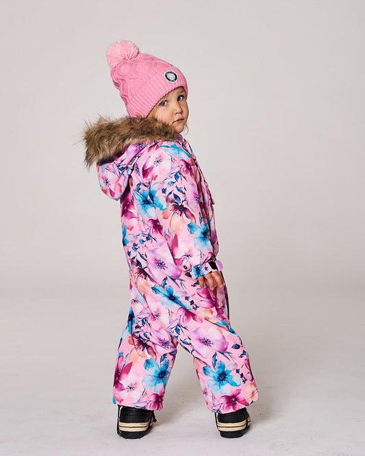 One-Piece Baby Play Snowsuit Designed For Car Seat Pink Watercolor Flower Print