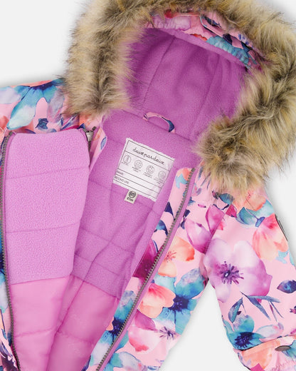 One-Piece Baby Play Snowsuit Designed For Car Seat Pink Watercolor Flower Print