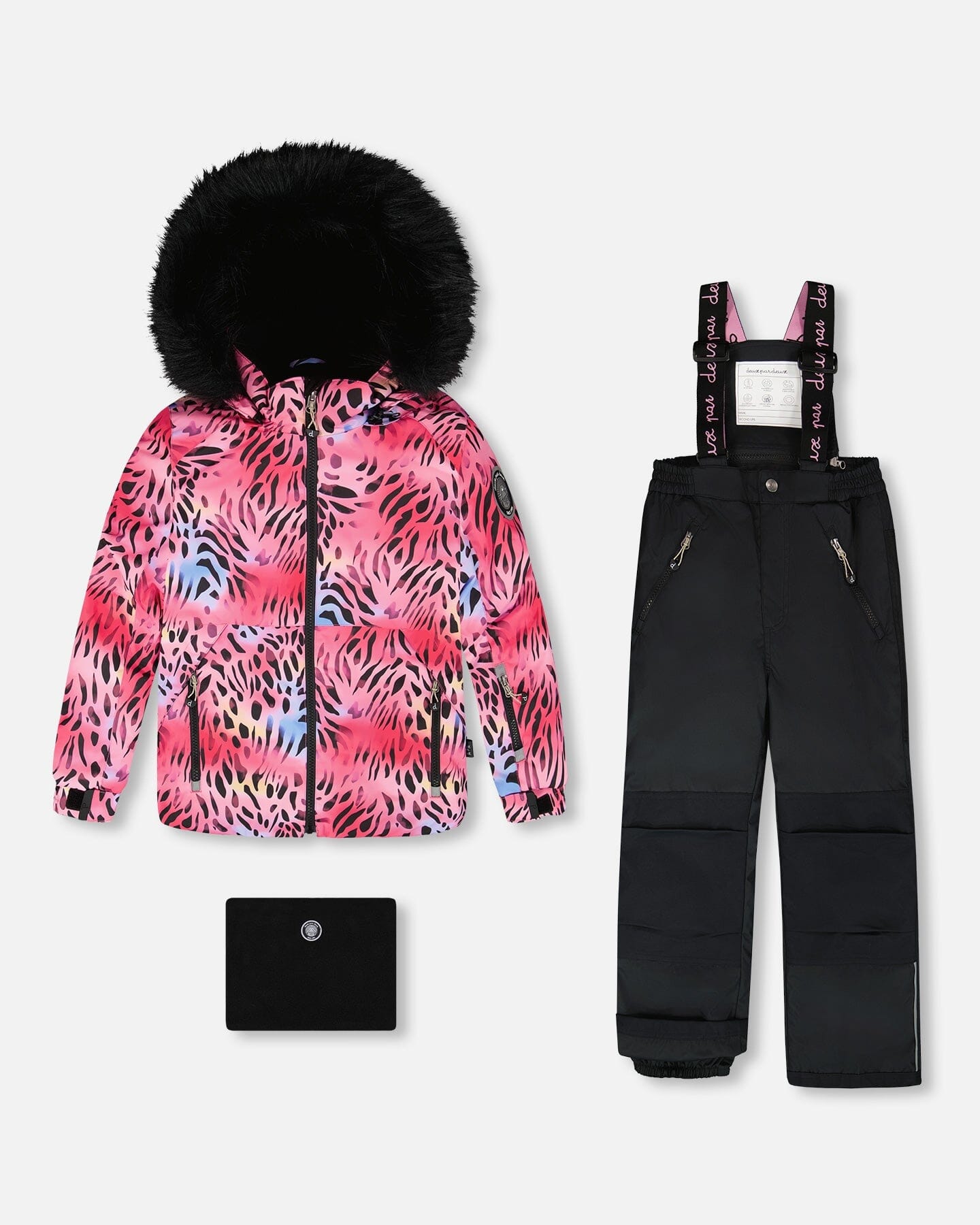 Two-Piece Play Snowsuit With Multicolor Print Jacket And Solid Pant Black