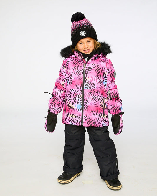 Two-Piece Play Snowsuit With Multicolor Print Jacket And Solid Pant Black