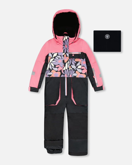 One-Piece Play Snowsuit Black Retro Flower Print
