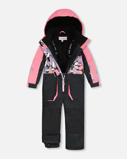 One-Piece Play Snowsuit Black Retro Flower Print