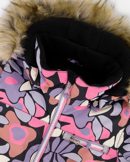 Two-Piece Play Snowsuit With Allover Print Jacket And Solid Pant Black