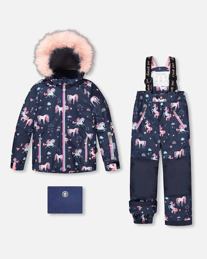 Two-Piece Play Snowsuit Navy Unicorn Print