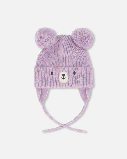 Lined Baby Knit Hat With Pompoms Purple Gray