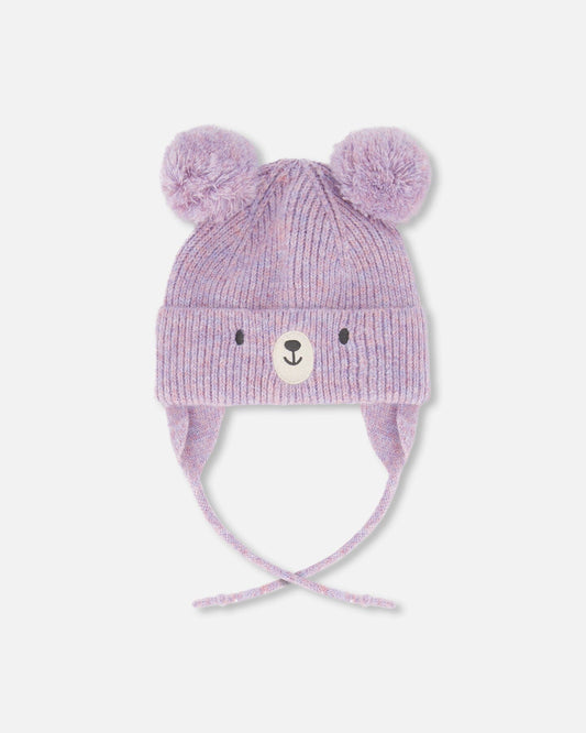 Lined Baby Knit Hat With Pompoms Purple Gray