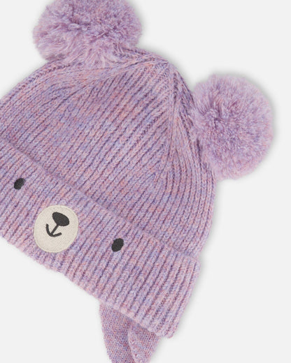 Lined Baby Knit Hat With Pompoms Purple Gray