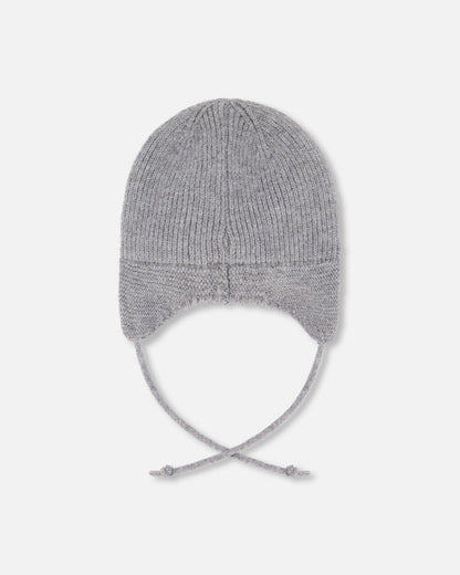 Lined Baby Knit Hat With Ears And Strings Heather Gray
