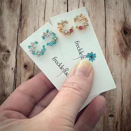 Crescent Bloom Stud Earrings – Floral Halo Design - Sparkle