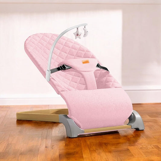 Ergonomic Quilted  Baby Bouncer & Rocker with Removable Toy Bar, Adjustable Safety Harness , Baby Bouncinette (Pink)