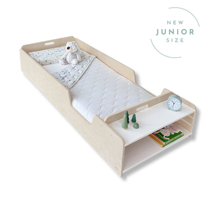 APPLE JUNIOR - Montessori Floor Bed with Rails & Shelves