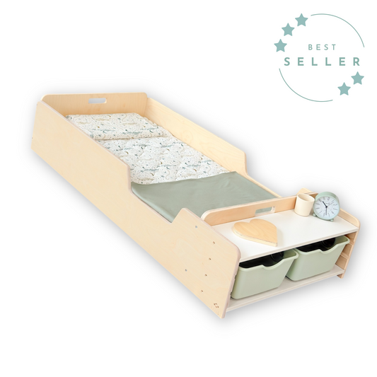 APPLE CRIB - Montessori Floor Bed with Rails & Shelves