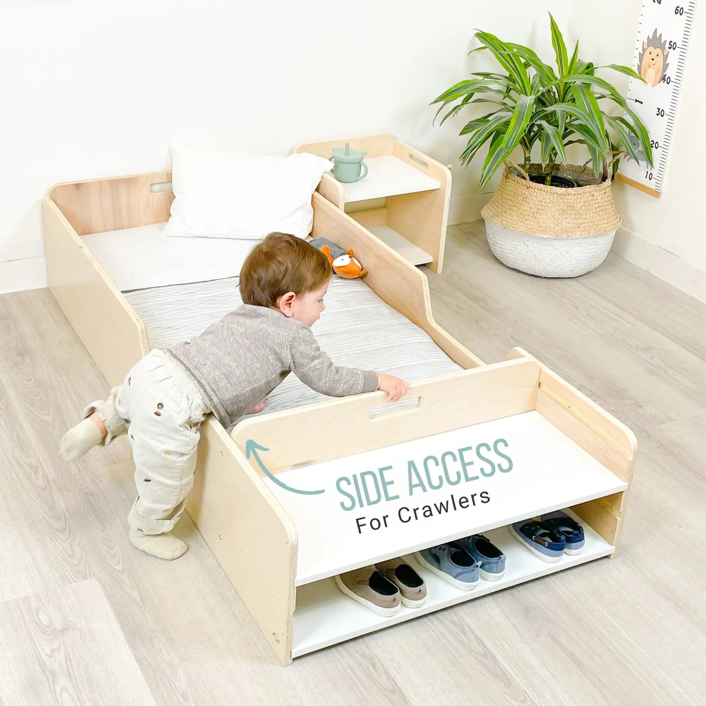 APPLE JUNIOR - Montessori Floor Bed with Rails & Shelves