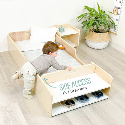 APPLE JUNIOR - Montessori Floor Bed with Rails & Shelves