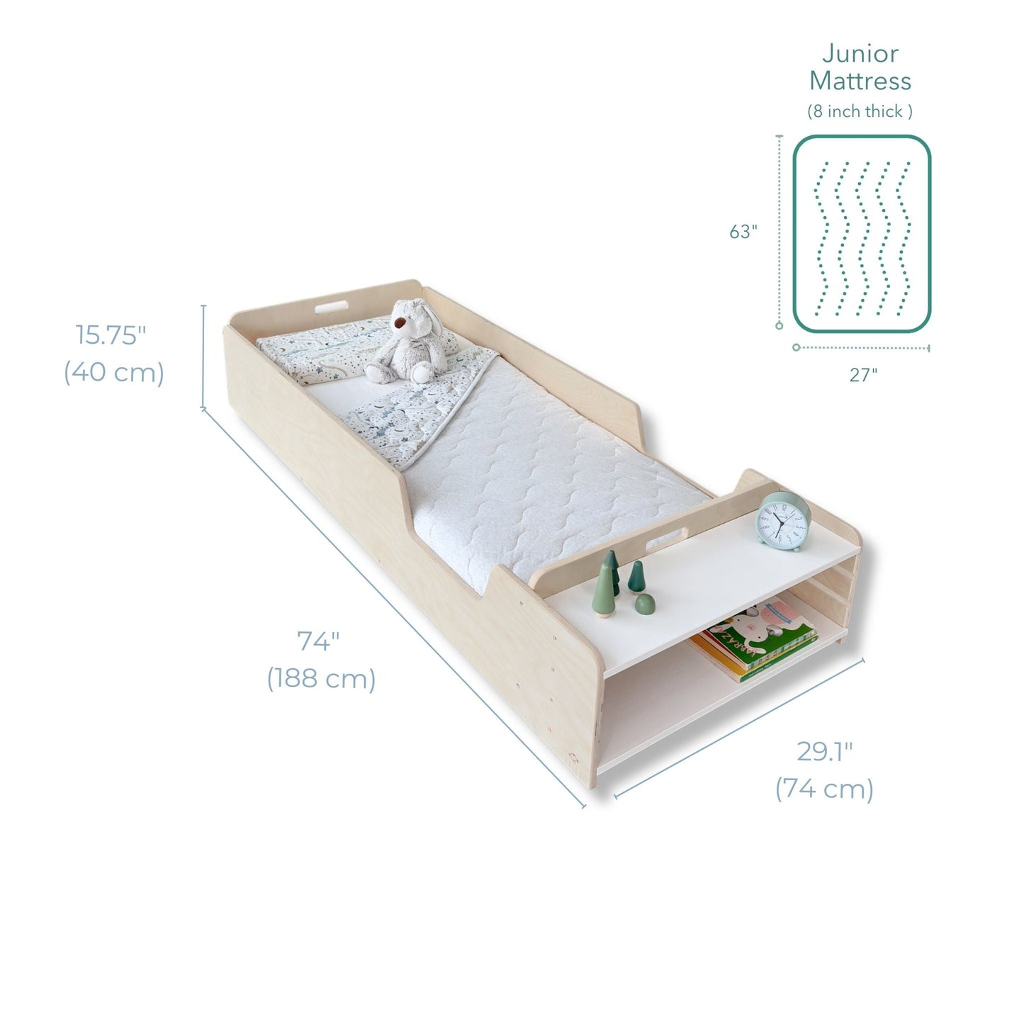 APPLE JUNIOR - Montessori Floor Bed with Rails & Shelves