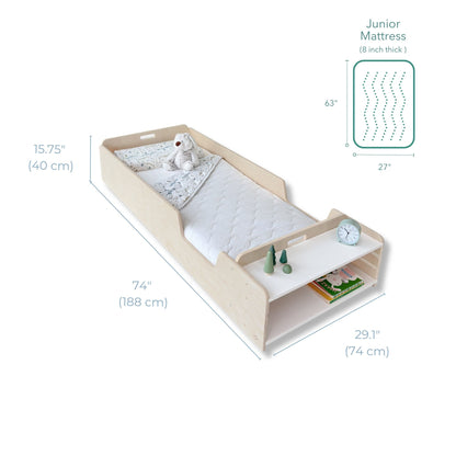 APPLE JUNIOR - Montessori Floor Bed with Rails & Shelves