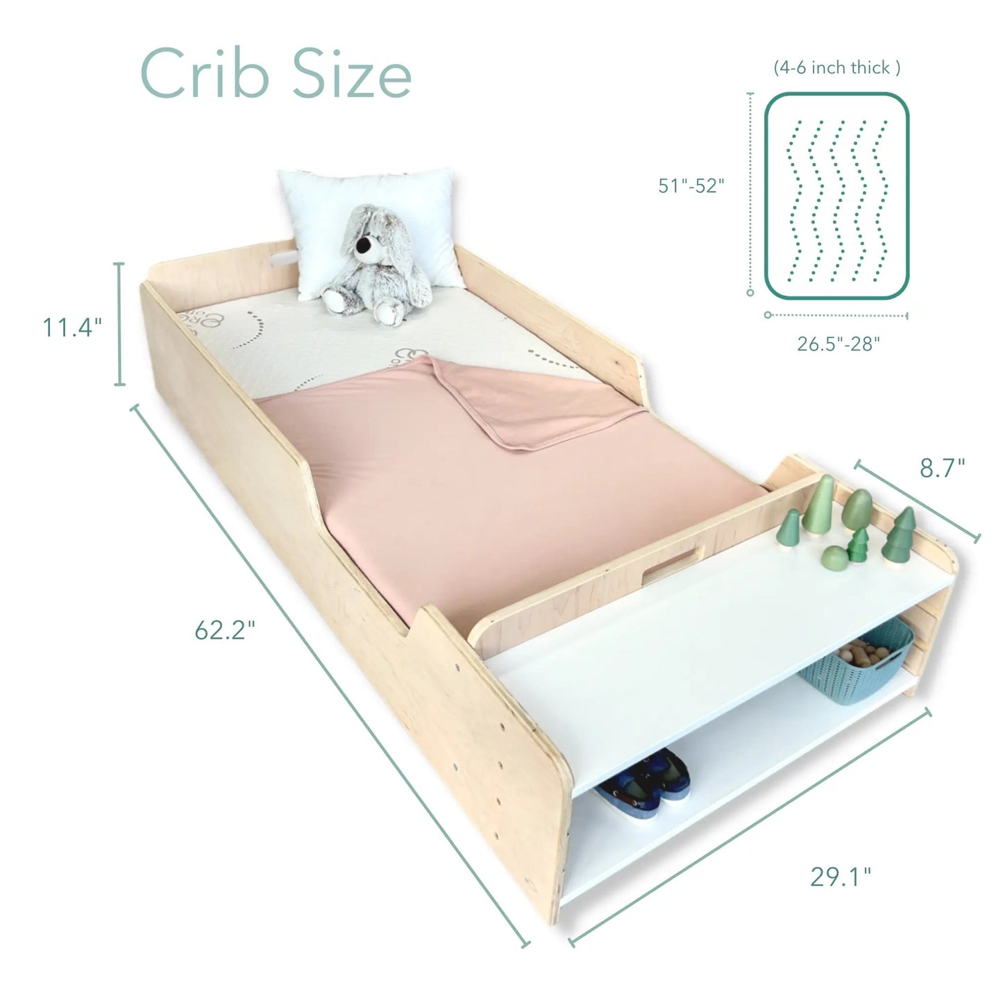 APPLE CRIB - Montessori Floor Bed with Rails & Shelves