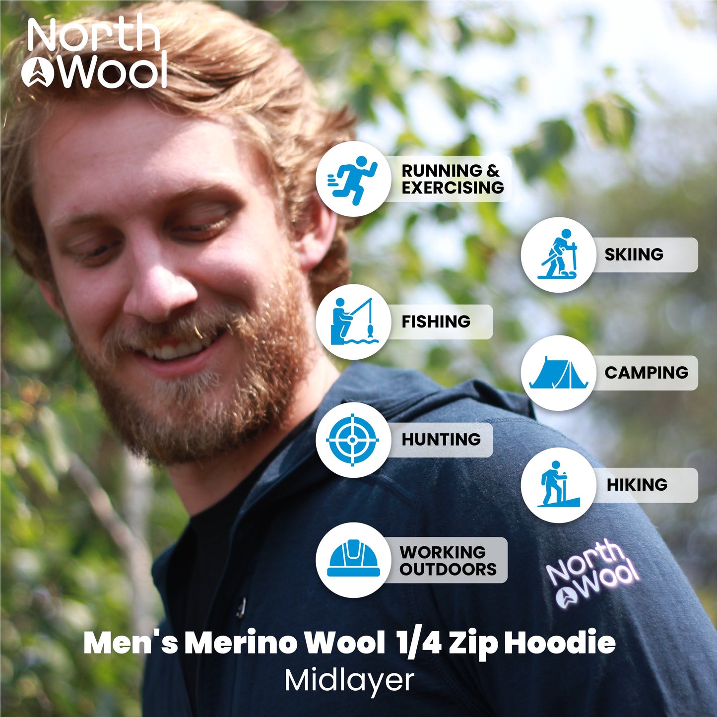 NorthWool Men’s Merino Wool 1/4 Zip Hoodie Midlayer – 260 GSM with Pouch Pocket